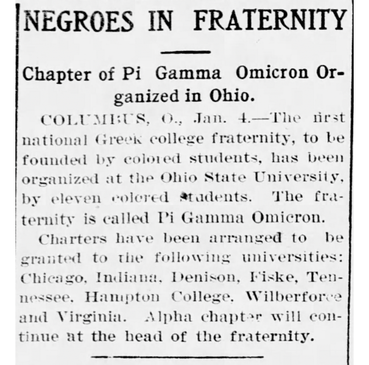 January 4, 1906 newspaper clipping announcing Pi Gamma Omicron